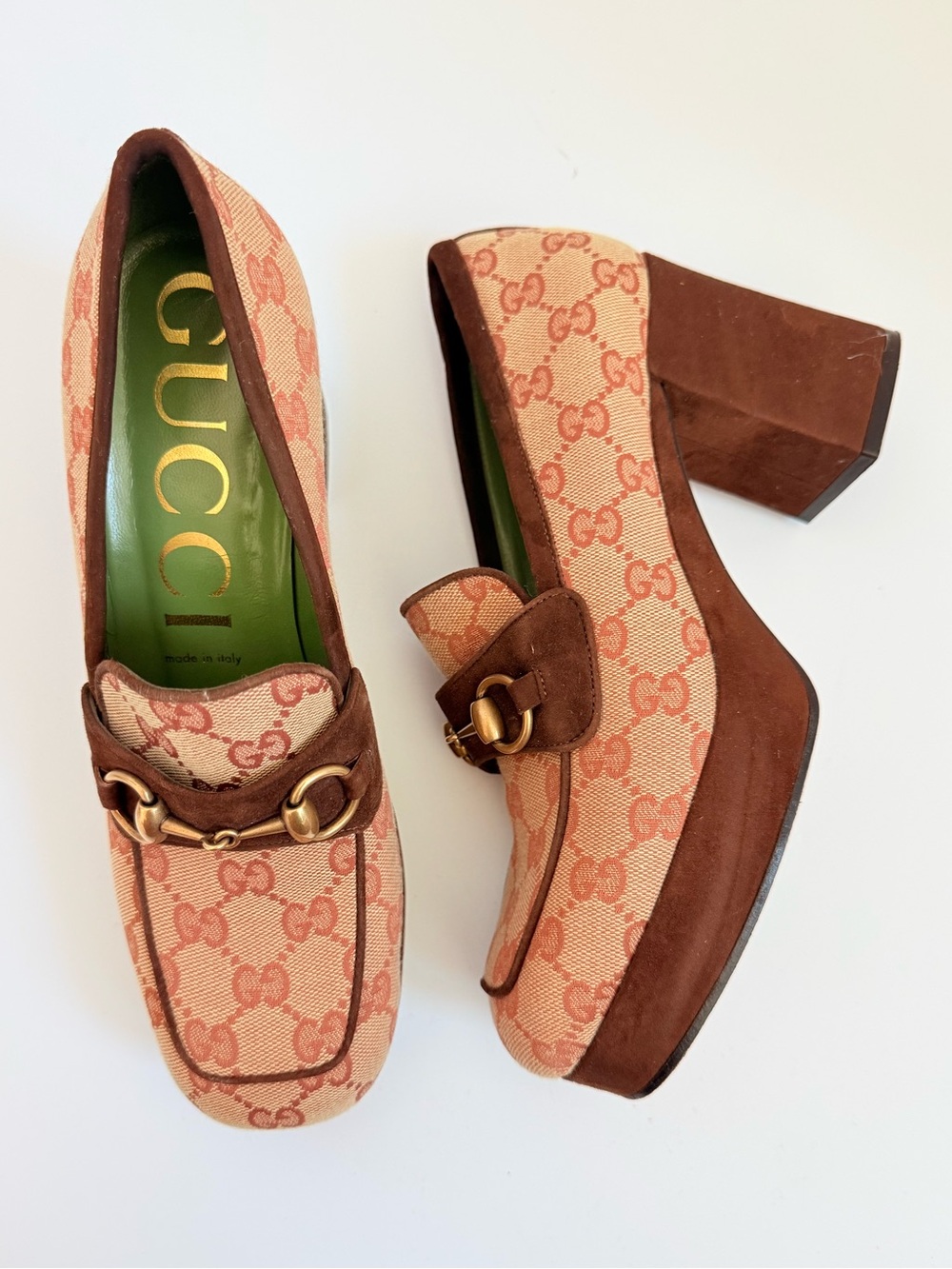 Gucci Horsebit GG Canvas Platform Pumps Monogram Brown Suede Block Heels EU 39